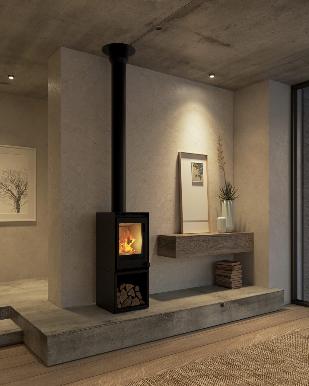 Freestanding wood fireplace with an exposed flue run up a concrete wall