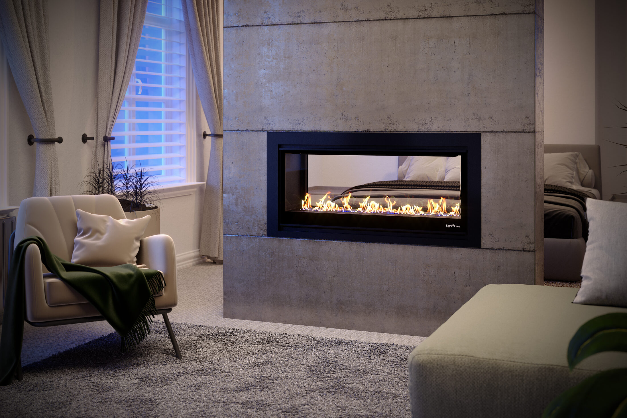 Element gas fireplace built into a timber-panelled wall