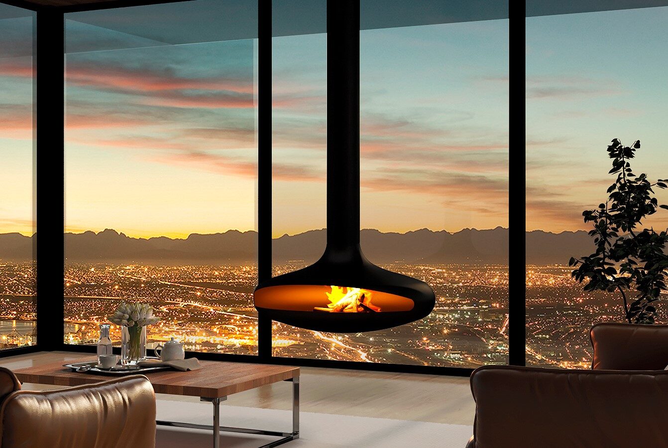Globe suspended fireplace in a contemporary living space